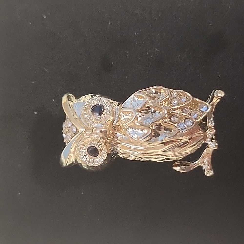 Vintage Gold Tone Owl Brooch Rhinestone Owl Pin Black Eyes Animal Jewelry